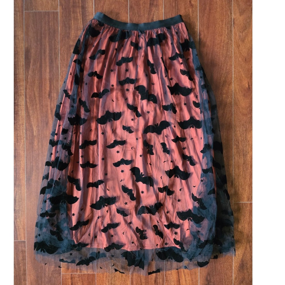 Baiyameisha Orange Black Bat Flocked Tulle Maxi Skirt Halloween Goth Womens L